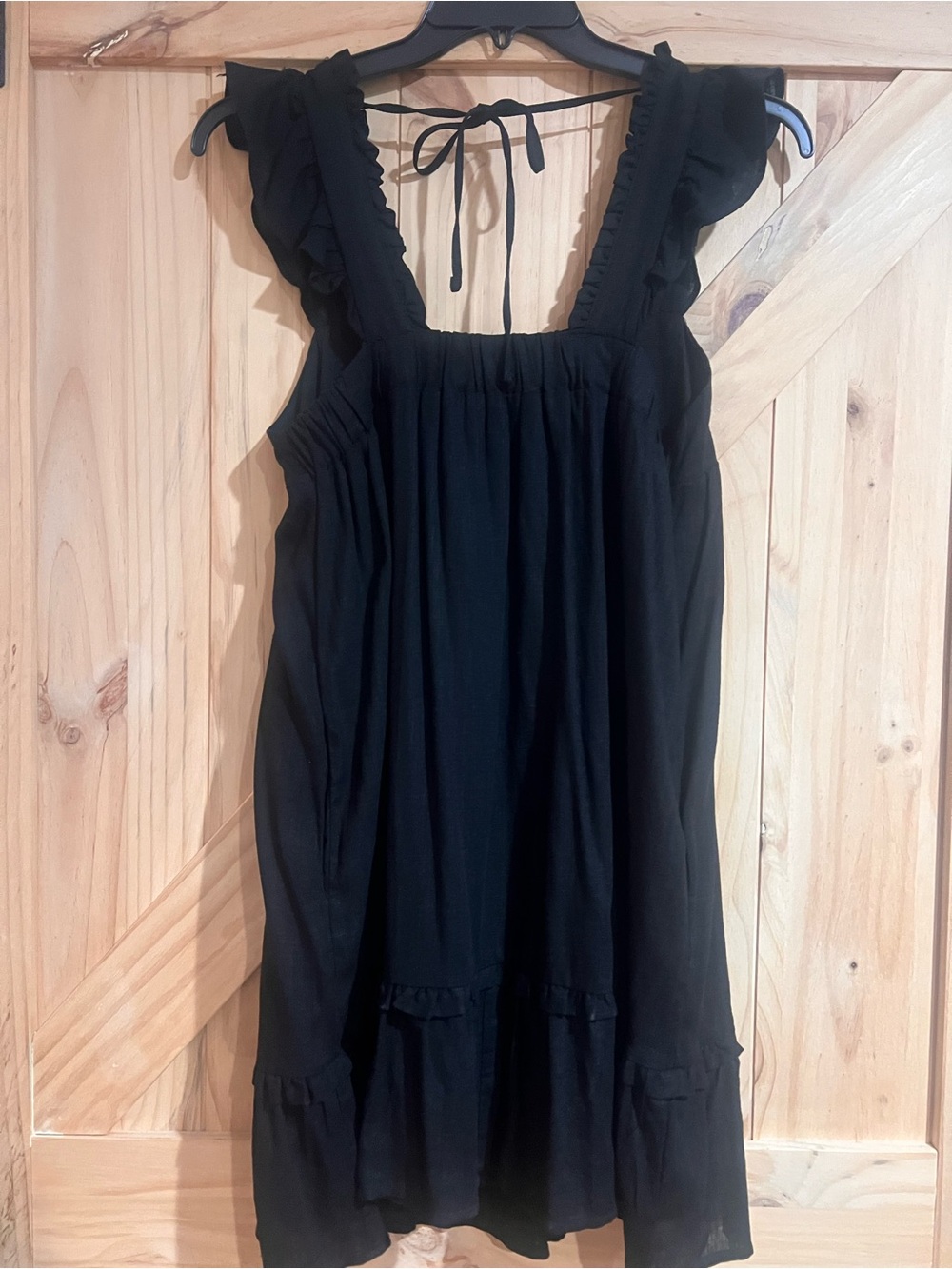 Women's Black Ruffle Strap Mini Dress with Tie-Back